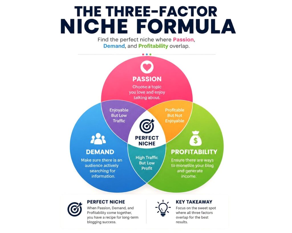 Choose the Right Niche for Your Blog using the three-factor formula of passion, Demand, and Profitable.