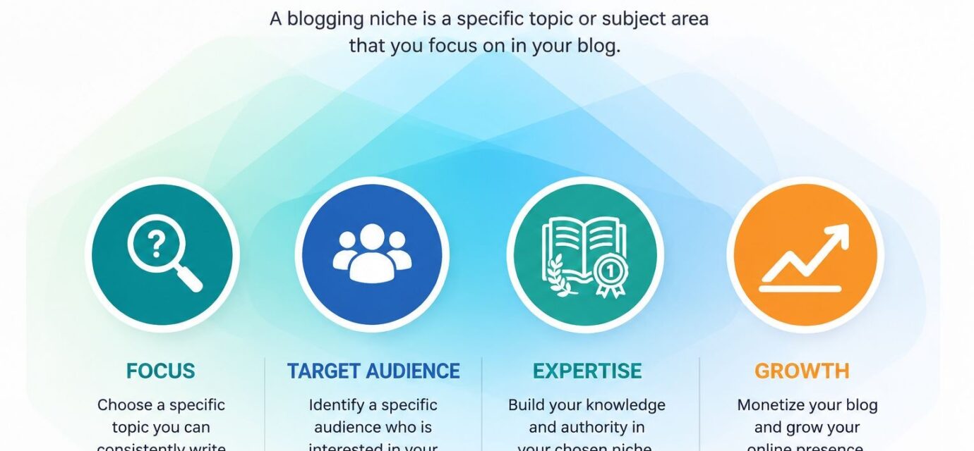 What is a blogging niche infographic showing focus, target audience, expertise, and growth for successful blogging