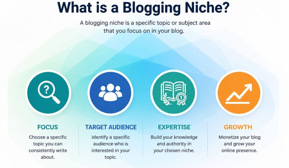 What is a blogging niche infographic showing focus, target audience, expertise, and growth for successful blogging